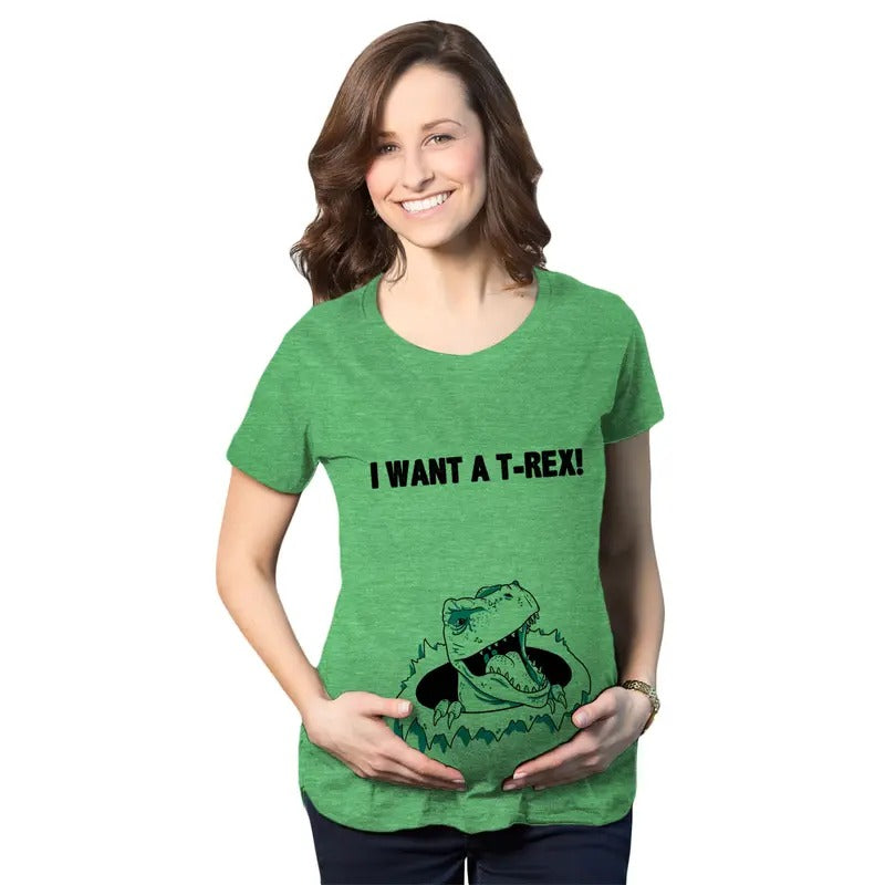 Maternity I Want A T-Rex Funny T Shirt Im Pregnant Dinosaur Pregnancy Tee Funny Graphic Maternity Tee Cute Pregnancy Tees With Plus Sizes Funny Dinosaur Short Sleeve Funny Maternity Shirts Green