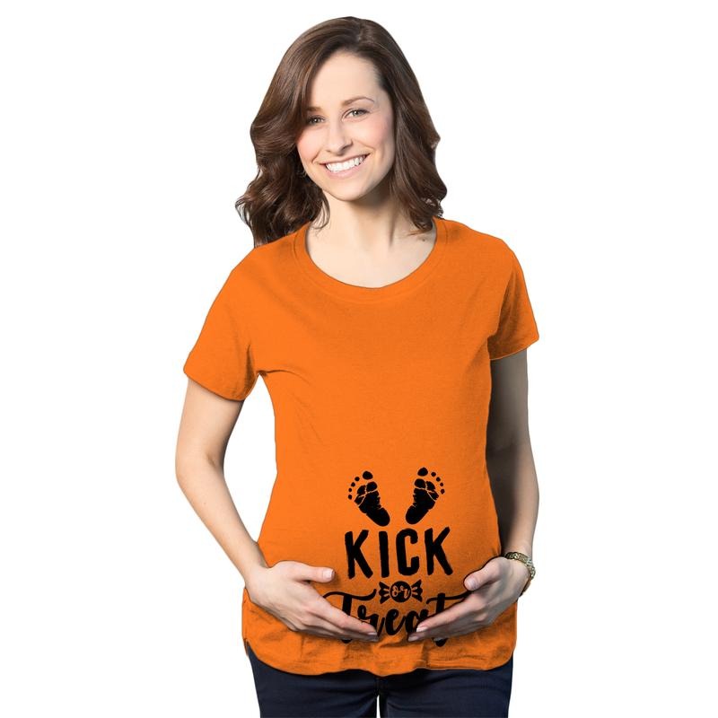 Maternity Kick Or Treat T Shirt Funny Halloween Pregnancy Announcement Tee Funny Graphic Maternity Tee Cute Pregnancy Tees With Plus Sizes Halloween Maternity Wear Funny Maternity Shirts Orange