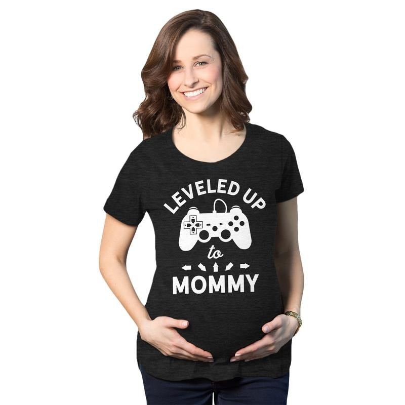 Maternity Leveled Up to Mommy T Shirt Cute Pregnancy Video Game Tee Funny Graphic Maternity Tee Cute Pregnancy Tees With Plus Sizes Nerd Maternity Wear Funny Gamer Short Sleeve Funny Maternity Shirts Black
