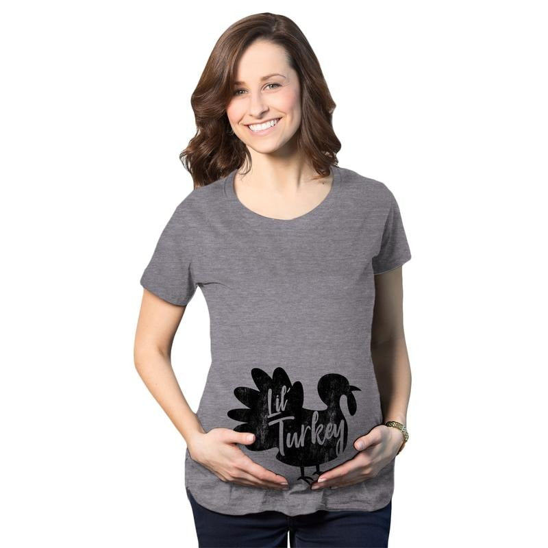 Maternity Lil Turkey T Shirt Funny Thanksgiving Pregnancy Tee Funny Graphic Maternity Tee Cute Pregnancy Tees With Plus Sizes Thanksgiving Maternity Wear Funny Food Short Sleeve Funny Maternity Shirts Dark Grey