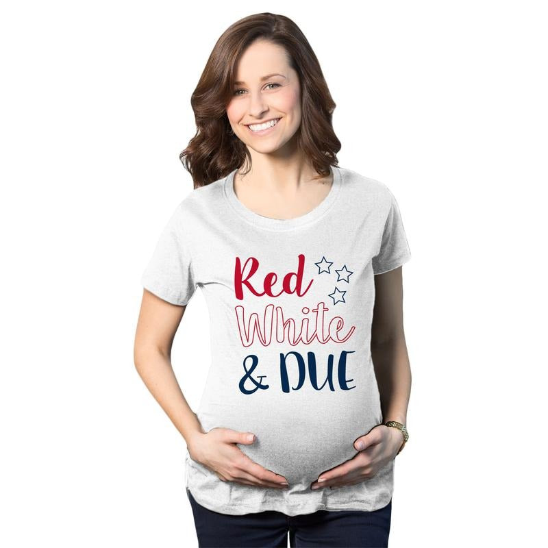 Maternity Red White and Due Pregnancy T Shirt Cute Patriotic Baby Tee for Baby Bump Funny Graphic Maternity Tee Cute Pregnancy Tees