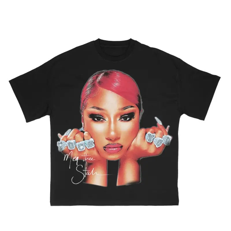 Megan Thee T-Shirt Retro Big Face Concert Music Gift Fans Rap Tee Oversized Cotton