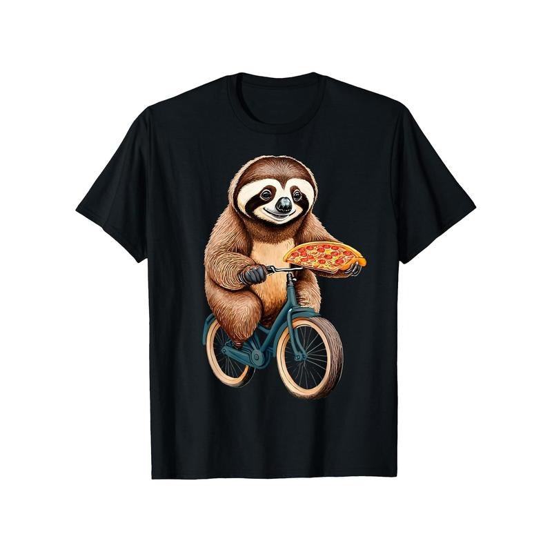 Men'S 100% Cotton Knit Fabric Casual T-Shirt with Crew Neck and Slight Stretch, Summer-Ready Short-Sleeve Tee with Sloth Riding Bicycle and Pizza Graphic - Perfect for Sloth and Pizza Lovers made in usa