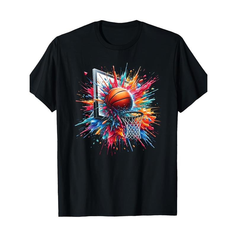 Men'S Basketball Splash Graphic T-Shirt - 100% Cotton, Casual Crew Neck, All-Season Loose Fit with Slight Stretch, Knit Fabric Printed Tee for Sports Fans made in usa