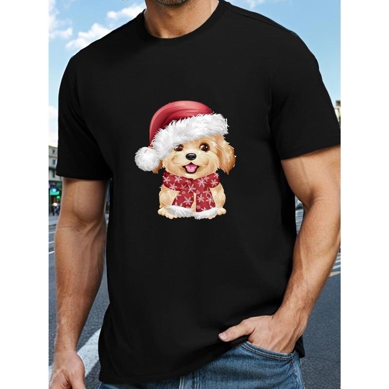 Men'S Casual Christmas Tee, Cute Dog in Santa Hat Graphic, Polyester Short Sleeve T-Shirt, Round Neck, Summer Top for Adults made in usa