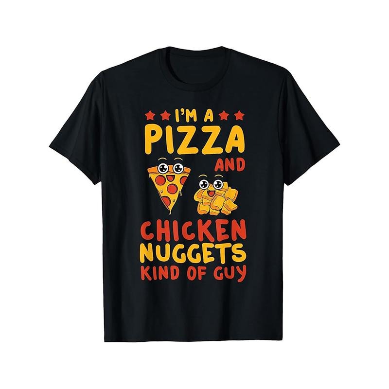 Men'S Casual Cotton T-Shirt with Chicken Nugget & Pizza Print, Round Neck, Regular Fit, Stretch Knit Fabric, All-Season Comfort for Adult Fans of Fast Food made in usa