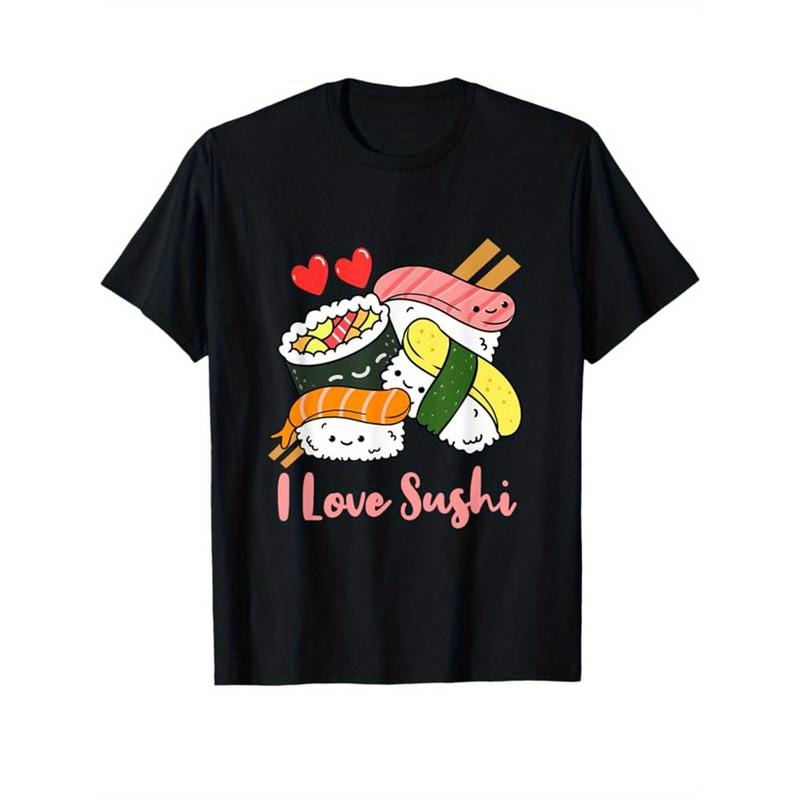 Men'S Casual Cotton T-Shirt with Sushi Food Print - Crew Neck, Short Sleeve, Loose Fit, Knit Fabric with Medium Stretch - Graphic Tee for Men, Ideal Gift Made in USA