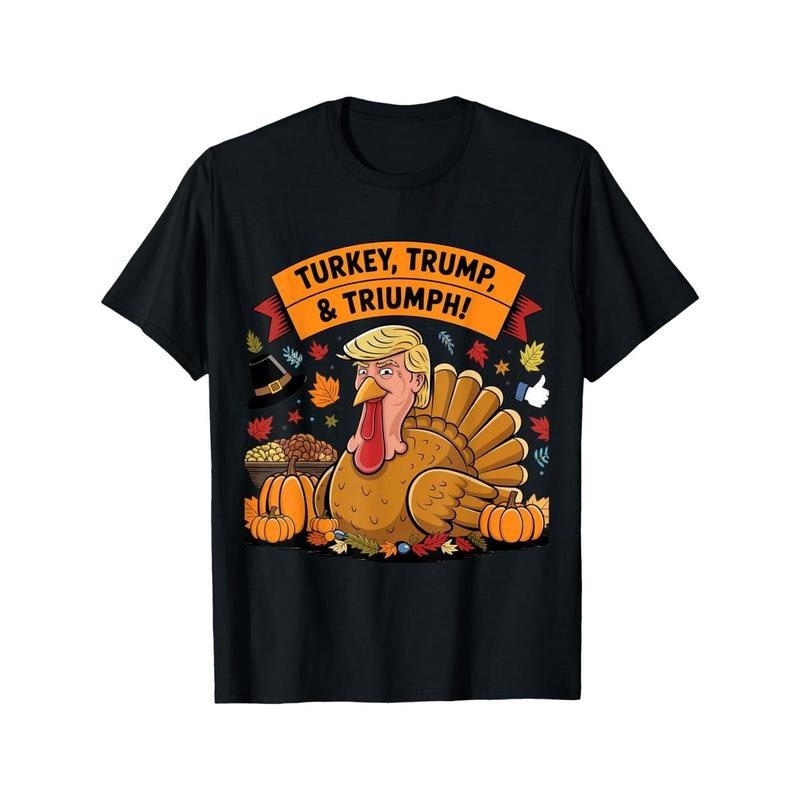 Men'S Cotton T-Shirt, Casual Regular Fit, Round Neck, Stretch Fabric, Printed Graphic, Turkey & Trump Thanksgiving 2024 Election, Unisex Adult Tee made in usa