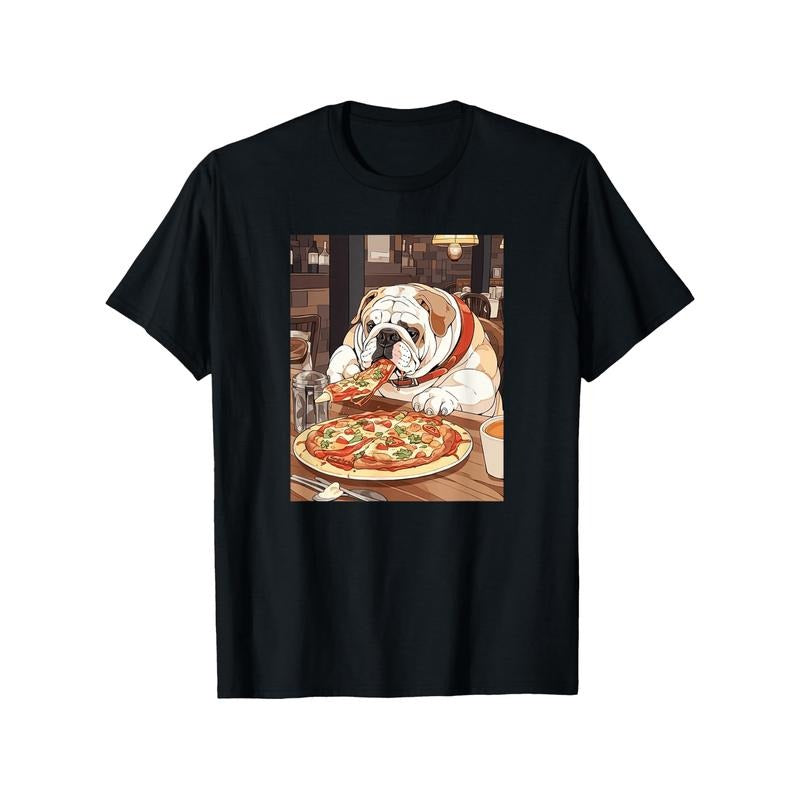 Men'S English Bulldog & Pizza Print T-Shirt, 100% Cotton, Crew Neck, Short Sleeve, Slight Stretch, All-Season, Sports Style, Regular Fit, Pet Lovers & Food Festival Graphic Tee, S-XXXL, Black made in usa
