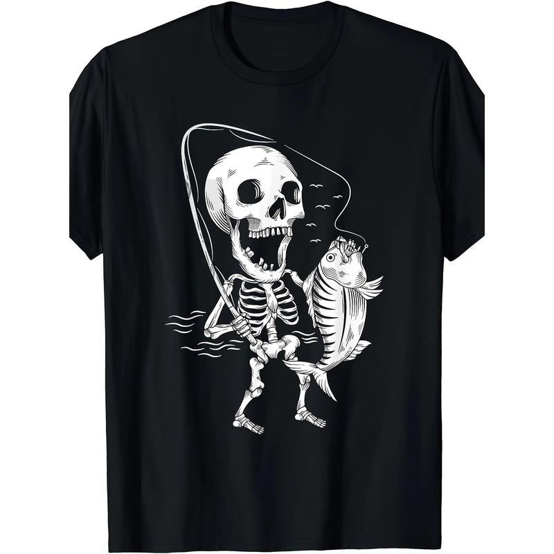 Men'S Skeleton Fisherman Graphic T-Shirt - 100% Cotton Crew Neck Tee, Short Sleeve, Regular Fit, All-Season Casual Top with Geometric-Pattern Print, Digital Direct Injection, Medium Stretch Knit Fabric- Mature Style for Daily Wear Made in USA