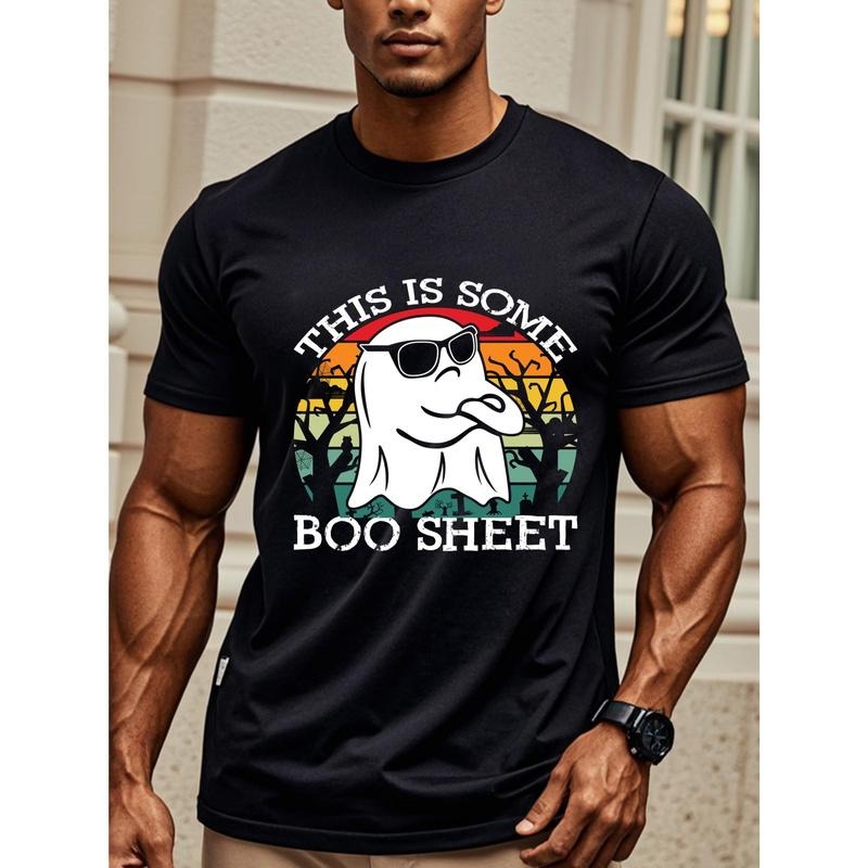 Men'S Vintage-Inspired Cotton T-Shirt, Crew Neck, Short Sleeve, Regular Fit, 100% Cotton, Medium Stretch, with Geometric Ghost Graphic, for Daily & Casual Wear, All-Season Knit Fabric Made in USA