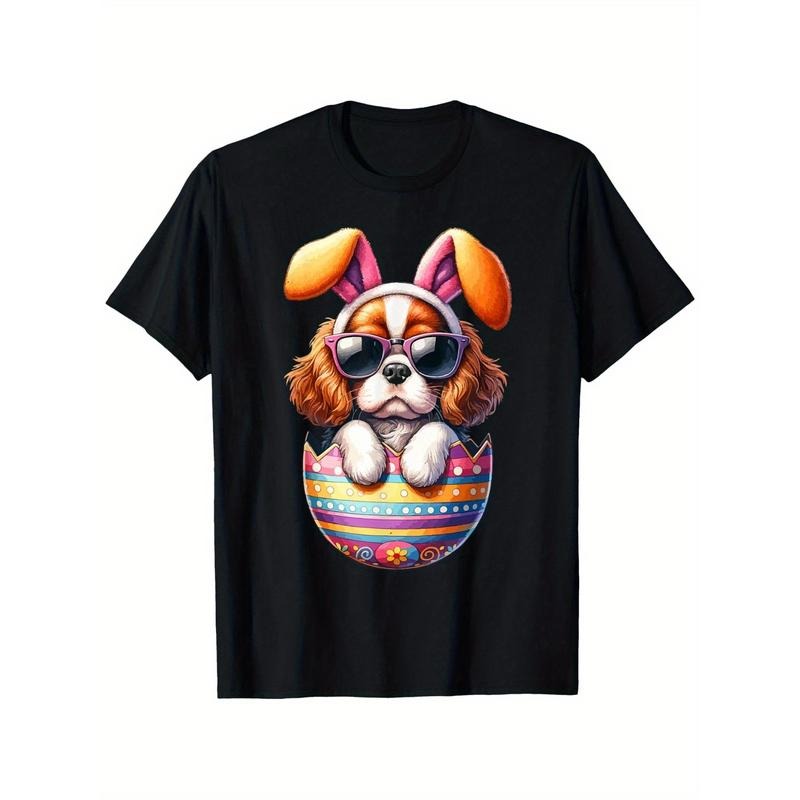 Men's Easter T-Shirt with Cavalier King Charles Spaniel in Bunny Ears Design, Soft and Comfortable, Black Round Neck, Sizes S-XXXL - Ideal for Dog Lovers, Seasonal Clothing | Playful Print | 100% Cotton Shirt made in usa