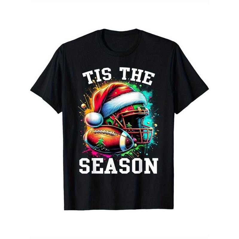 Men's 'Tis The Season' Football & Santa Hat Graphic Tee - 100% Cotton, Casual Fit, Short Sleeve, Machine Washable - Perfect for Daily Wear & Holiday Celebrations made in usa