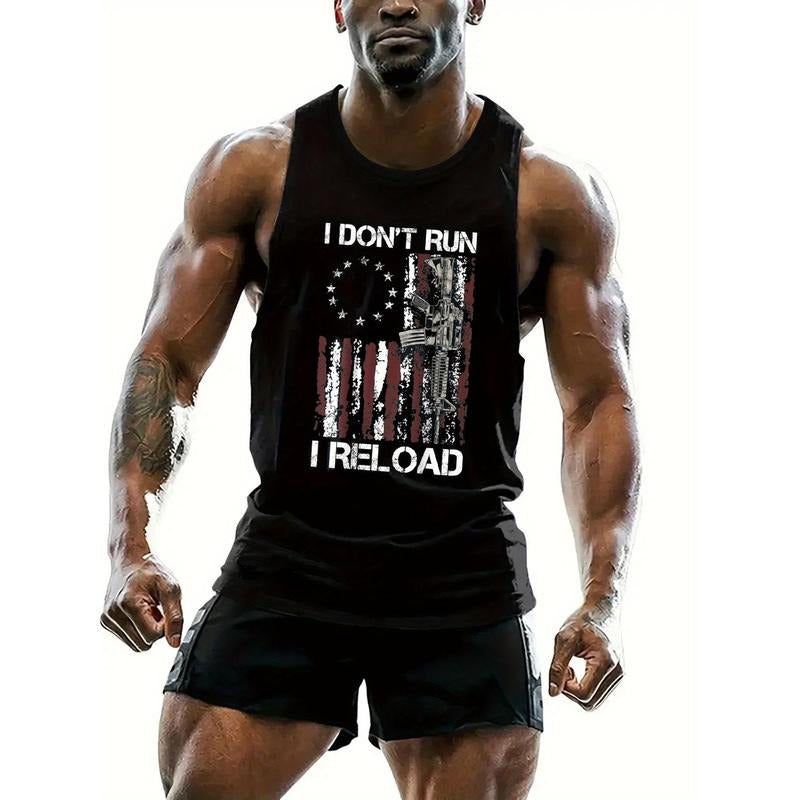 Men's 100% Cotton Sleeveless Tank Top with "I DON'T RUN I RELOAD" Graphic Print, American Flag Design, Round Neck, Breathable & Comfortable for Summer Casual Wear