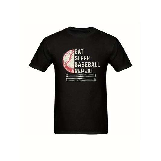 "Men's Baseball Fanatic T-Shirt - 'EAT SLEEP BASEBALL REPEAT' With Classic Tan Baseball & Dark Bat Design - Bold White Text On Black Background - Perfect For Sports Lovers & Relaxed Wear made in usa