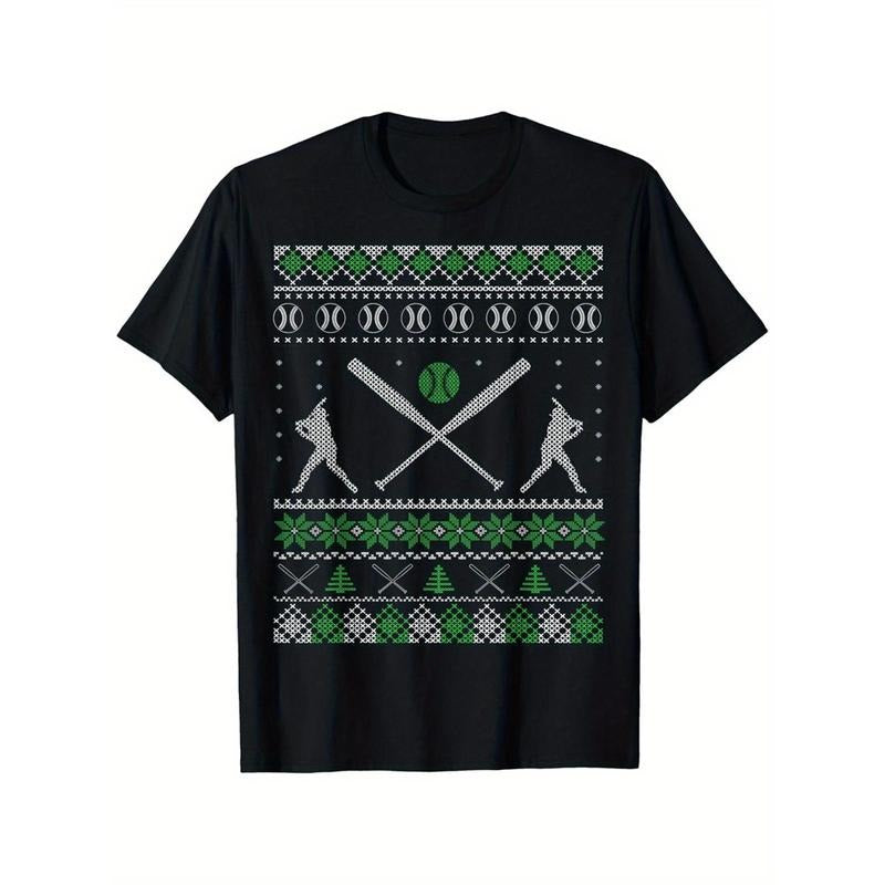 Men's Baseball-Themed Christmas T-Shirt - 100% Cotton, Comfortable & Breathable, Casual Short Sleeve Tee in Black, Perfect Gift for Sports Fans, Sizes S-3XL, Best for Christmas made in usa