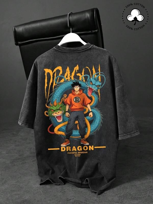 Men's Cartoon Dragon Graphic Print Round Neck Tee, Regular Fit Casual Short Sleeve T-shirt, Men's Summer Top for Daily Wear, Cotton