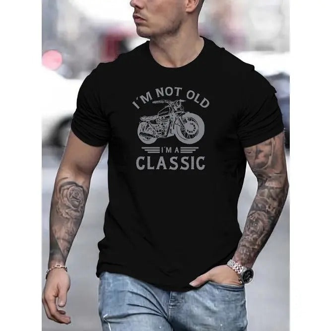 Men's Classic Motorcycle Graphic Print Crew Neck Short Sleeve Cotton T-Shirt, Modern Summer Fashion Streetwear Top for Men Made in USA