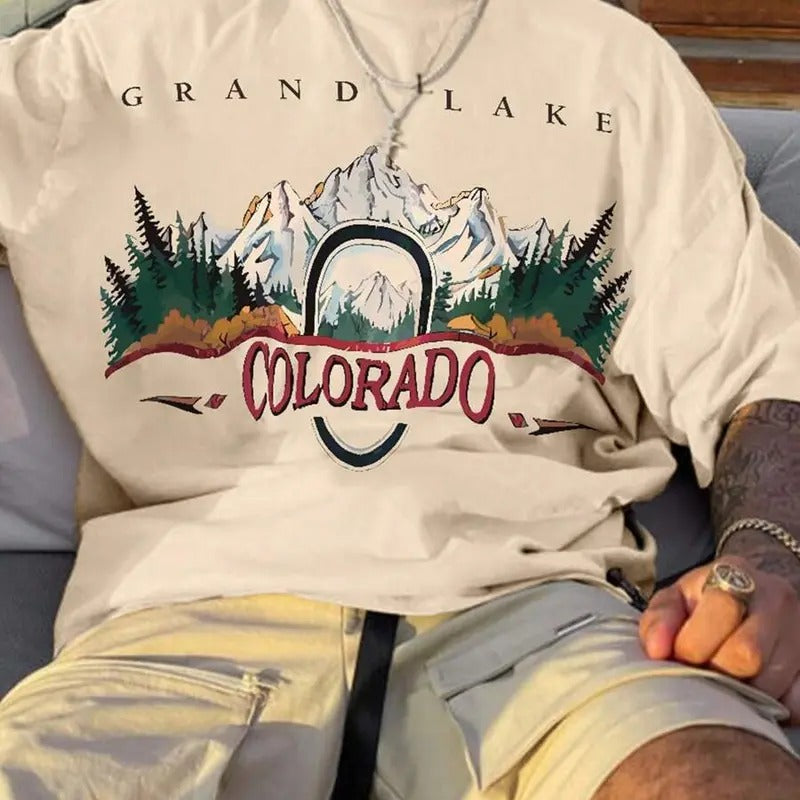 Men's Colorado Landscape Print Drop Shoulder Tee, Regular Fit Casual Street Letter Graphic Round Neck T-shirt Men's Top For Daily Wear 90S Clothes