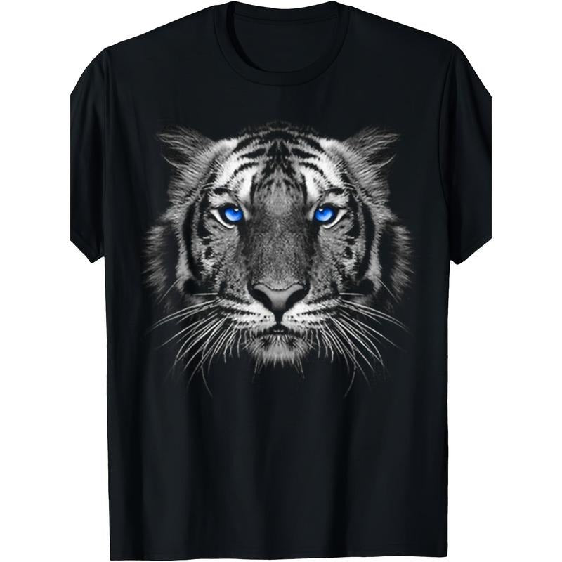 Men's Cool White Tiger Graphic Tee - 100% Cotton, Casual & Sporty, Loose Fit, Machine Washable - Perfect for Summer made in usa