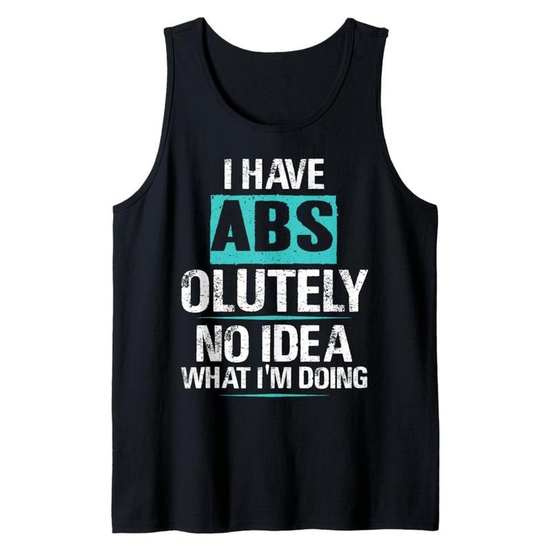 Men's Cotton Graphic Tank Top - "I Have ABS NO IDEA WHAT I'M DOING" Print, Casual Sleeveless Crew Neck, Breathable & Lightweight for Summer, Loose Fit, Black with Teal Lettering