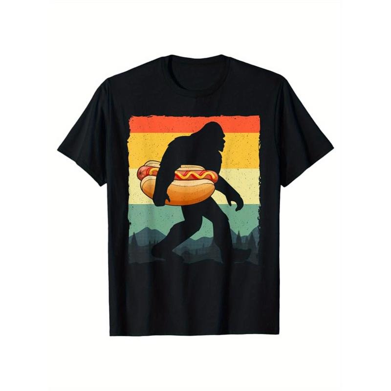 Men's Cotton T-Shirt With Hot Dog Printed, Casual Short Sleeve Round Neck Tee, Soft Comfortable Top made in usa