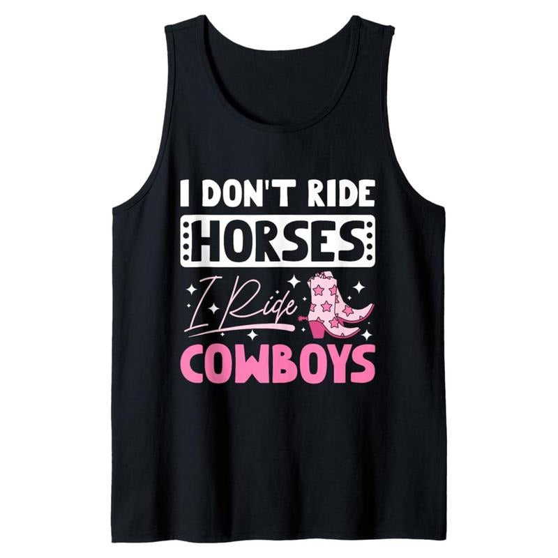 Men's Cotton Western Cowboy Print Sleeveless Tank Top - "I Ride COWBOYS" Graphic, Loose Fit, Summer Casual Outfit, Machine Washable, Black with Pink Cowboy Boots Design, Everyday Comfort | Casual Cowboy Theme | Glossy Texture