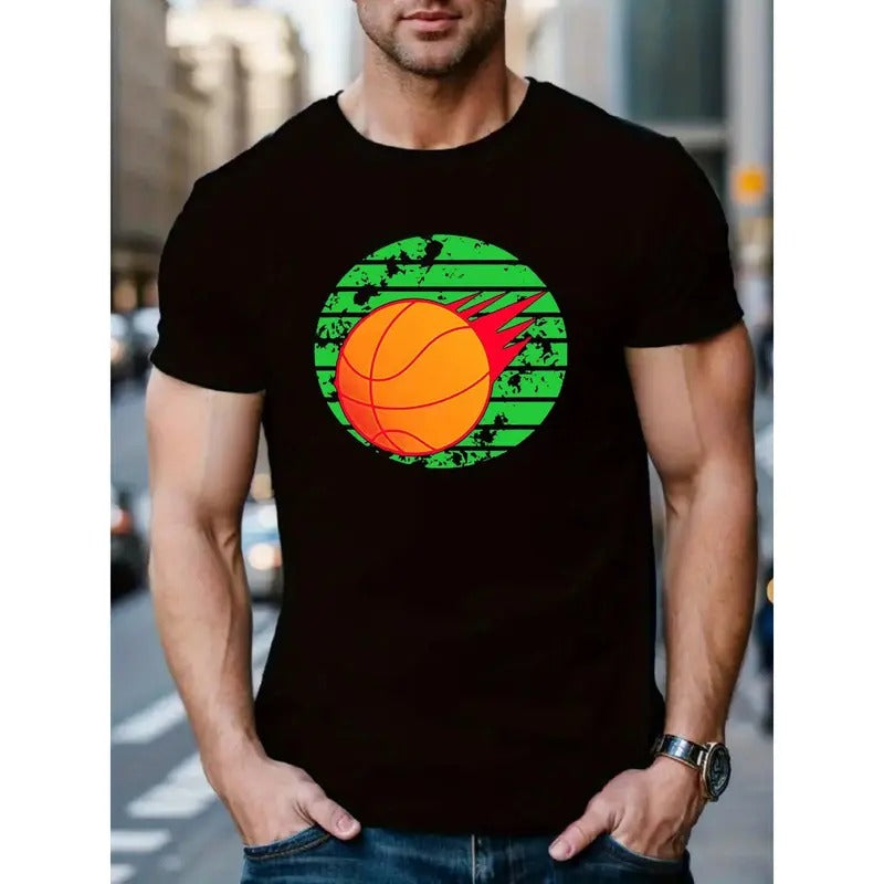 Men's Creative Basketball Graphic Crew Neck T-Shirt, Casual Style Knit Fabric Shirt with Slight Stretch, Regular Fit Patterned Casual Tops MADE IN USA