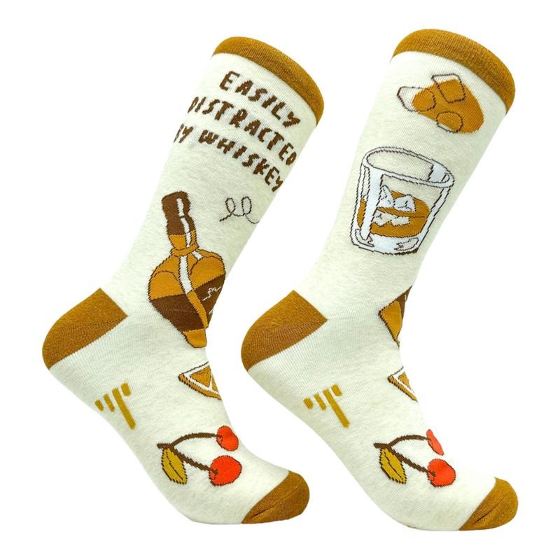 Men's Easily Distracted By Whiskey Socks Funny Liquor Drinking Joke Footwear Funny Graphic Socks Comfortable Fitted Spandex Cotton