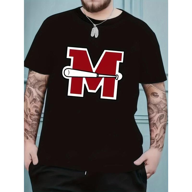 Men's Fashion T-shirt With Letter "M" And Baseball Bat Graphic Print, Pure Cotton Round Neck Short Sleeves, Comfortable And Breathable Top, 220g made in usa
