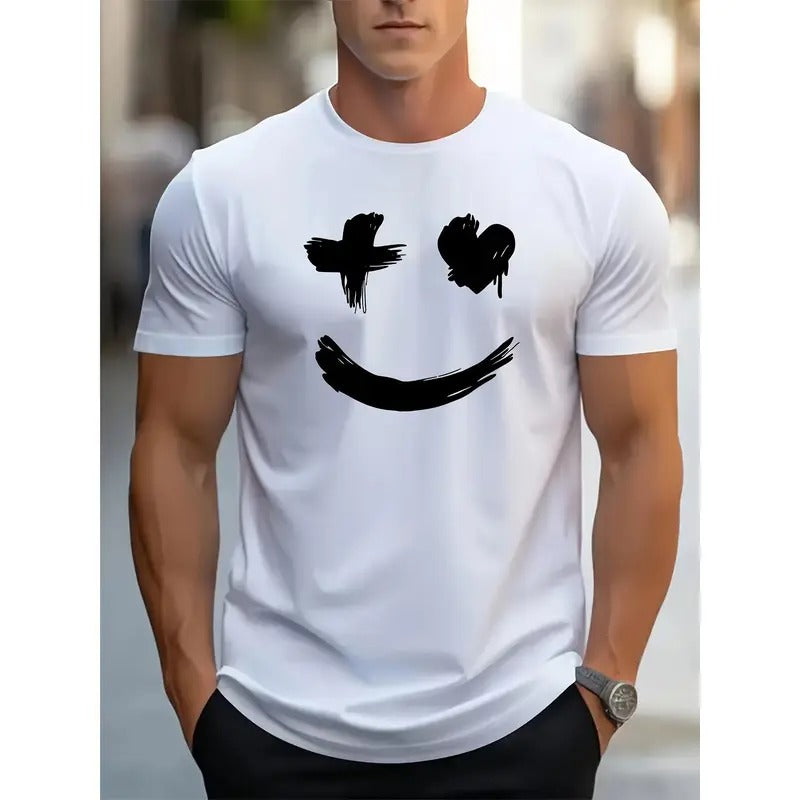 Men's Fashionable Smile Graphic Crew Neck Tees - Ultra-Soft, Breathable, Comfortable, Short Sleeve, Summer Essential T-Shirts for Casual Wear - Trendy Print Designs, Relaxed Fit, Versatile Style Made in USA