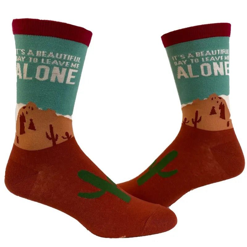 Men's It's A Beautiful Day to Leave Me Alone Socks Funny Desert Camping Graphic Footwear Funny Graphic Socks Comfortable Fitted Spandex Cotton