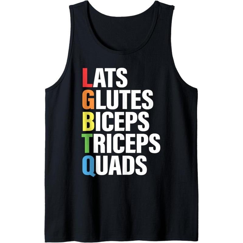 Men's LGBTQ Pride Muscle Tank Top - "LATS GLUTES BICEPS TRICEPS QUADS" Funny Graphic Design - Premium Cotton Blend, Breathable & Lightweight Sleeveless Shirt for Gym, Casual Wear & Summer Outings, Gym Shirts