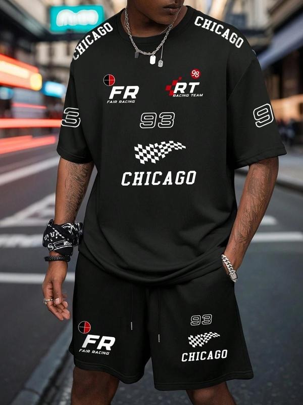 Men's Letter & Race Track Print Short Sleeve Graphic Tee & Shorts Two-piece Set, Regular Fit Round Neck T-shirt & Track Shorts, Casual Top & Sweat Shorts, Men's Clothing for Summer