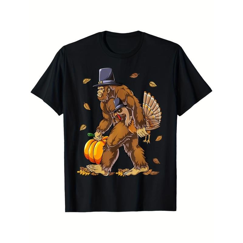 Men's Loose-Fit Cotton Crew Neck T-Shirt, Fun Thanksgiving Turkey Graphic, Perfect for Holiday Celebrations, Comfortable and Breathable, Great as a Holiday Gift! made in usa