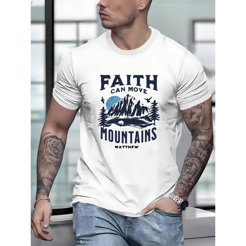Men's Mountain &FAITH Graphic Printed T-shirt, summer fashion sports short sleeve T-shirt, fashion casual style Made in USA