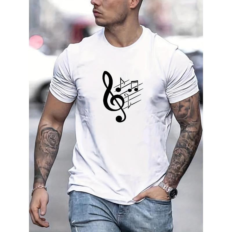 Men's Music Note Graphic T-Shirt - 100% Cotton Casual Crew Neck Tee with Slight Stretch, Solid Color Summer Top, Basic Knit Fabric Regular Fit for Adults Made in USA