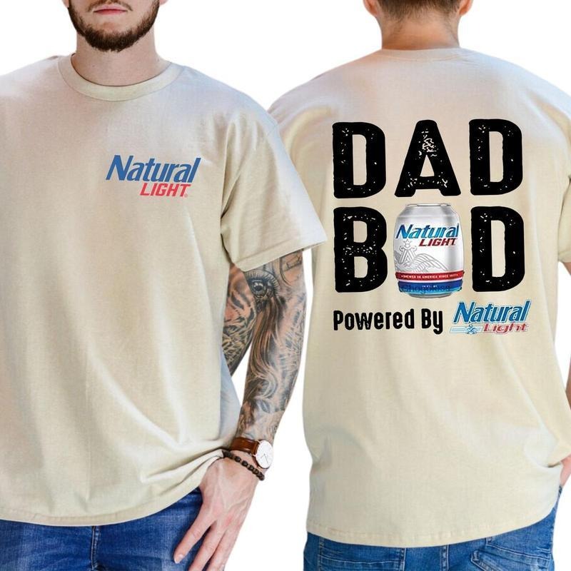 Men's Natural Lite Dad Bod Powered By Natural Light 2 Sided T-Shirt - Sweatshirt - Hoodie, Drinking Graphic Tee, Funny Beer Drinking Shirt for Daddy, Casual Drink Tee, Classic Men's Graphic Tees Cotton Top