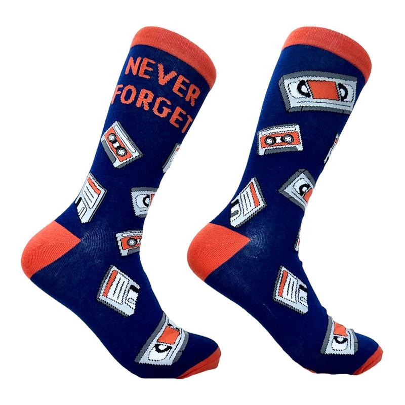 Men's Never Forget Me Socks Funny Retro VHS Tape Floopy Disk Old Tech Joke Footwear Funny Graphic Socks Comfortable Fitted Spandex Cotton
