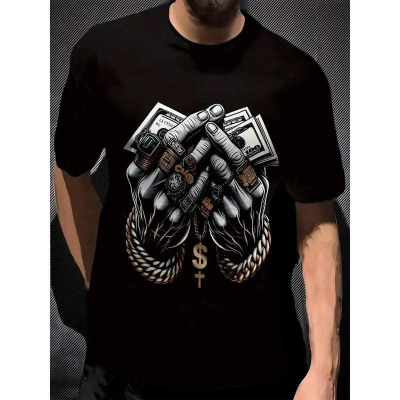 Men's Polyester 3D Digital Print T-Shirt with Dollar and Rings Graphic, Crew Neck, Slight Stretch, Casual Knit Fabric Tee Made in USA