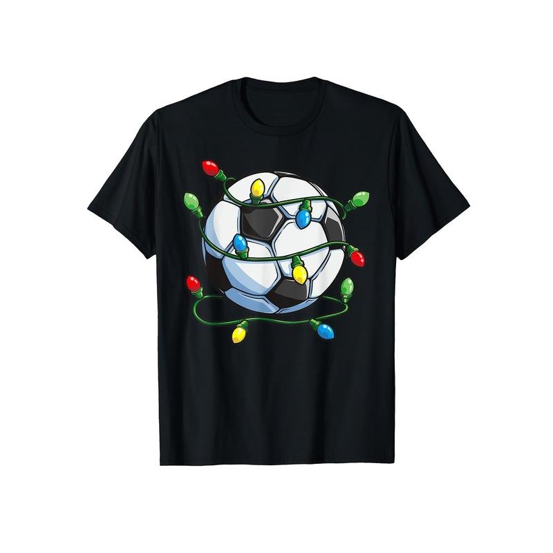 Men's Soccer Christmas Lights Graphic Tee - Casual Cotton Short Sleeve T-Shirt, Breathable & Machine Washable, Crew Neck, Summer-Ready, Slim Fit for Casual Attire made in usa