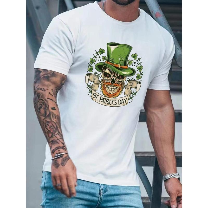 Men's St. Patrick's Day Skeleton Graphic T-Shirt - Casual Crew Neck, Short Sleeve, Cotton, Machine Washable, Festive Green Top Hat Design, Festive Holiday Apparel|Festive Design Shirt|Medium Stretch Top, Made in USA