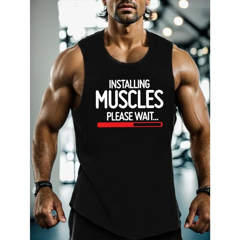 Men's Summer Cotton Tank Top - "Installing Muscles Please Wait" Graphic, Breathable Sleeveless Athletic Vest, Black with Red Loading Bar Design, Gym & Casual Wear, Summer Tank Tops