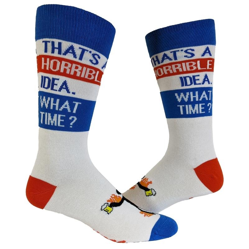 Men's That's A Horrible Idea What Time Socks Funny Party Drinking Novelty Vintage Footwear Funny Graphic Socks Comfortable Fitted Spandex Cotton