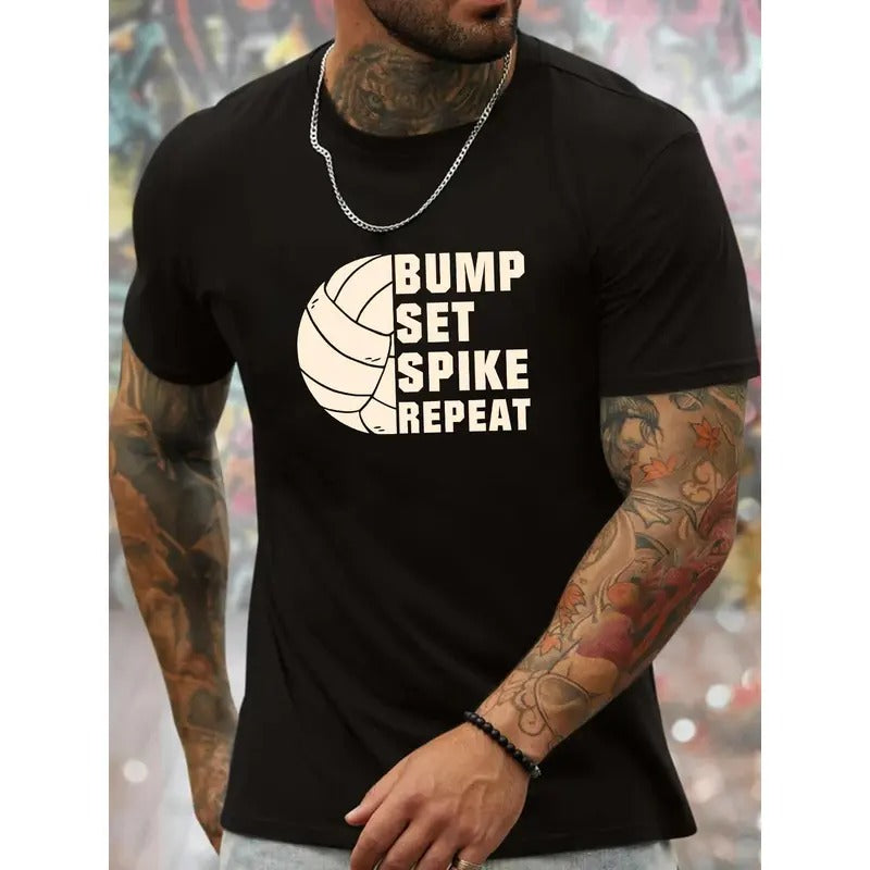 Men's Volleyball Graphic T-Shirt - 100% Polyester Casual Crew Neck Tee with Bump Set Spike Repeat Print - Slight Stretch Regular Fit Knit Fabric Tops for Summer Made in USA