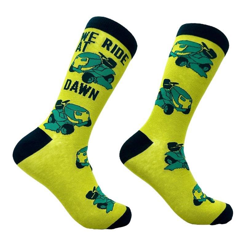 Men's We Ride At Dawn Socks Funny Riding Lawn Mower Joke Footwear Funny Graphic Socks Comfortable Fitted Spandex Cotton