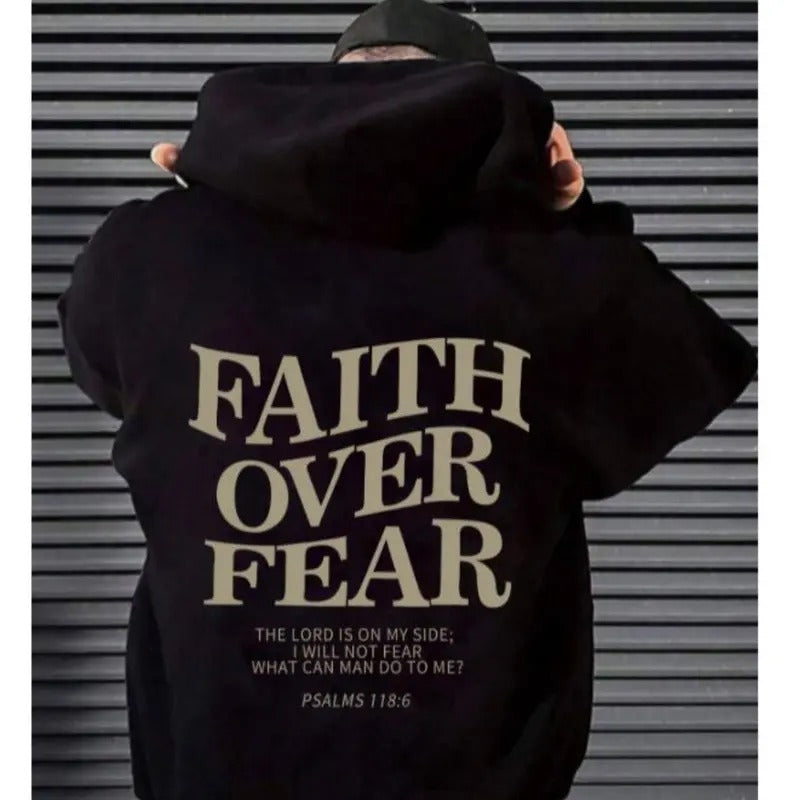 Men's faith Over Fear Slogan Print Drawstring Hoodie, Street T-shirt Casual Regular Fit Long Sleeve Pocket Hooded Sweatshirt for Fall & Winter, Men's Top for Daily Wear Vintage Hoodies