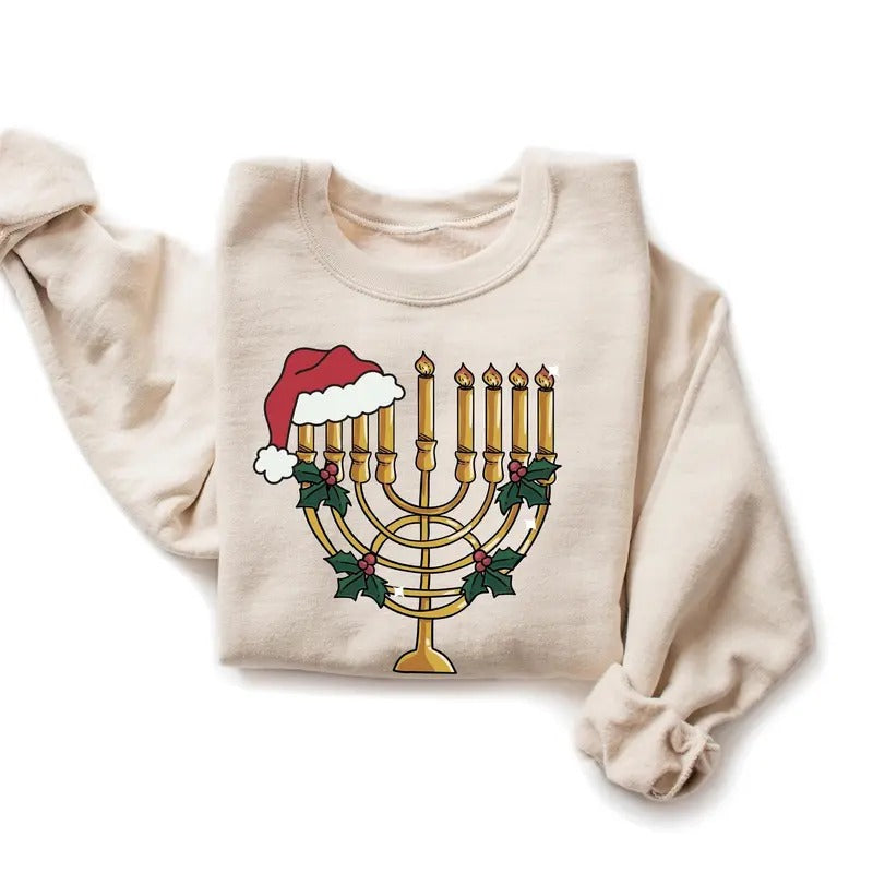 Menorah Christmas Sweatshirt, Happy Hanukkah Gifts, Chanukah Sweater, Jewish Candle Shirt Classic Cotton