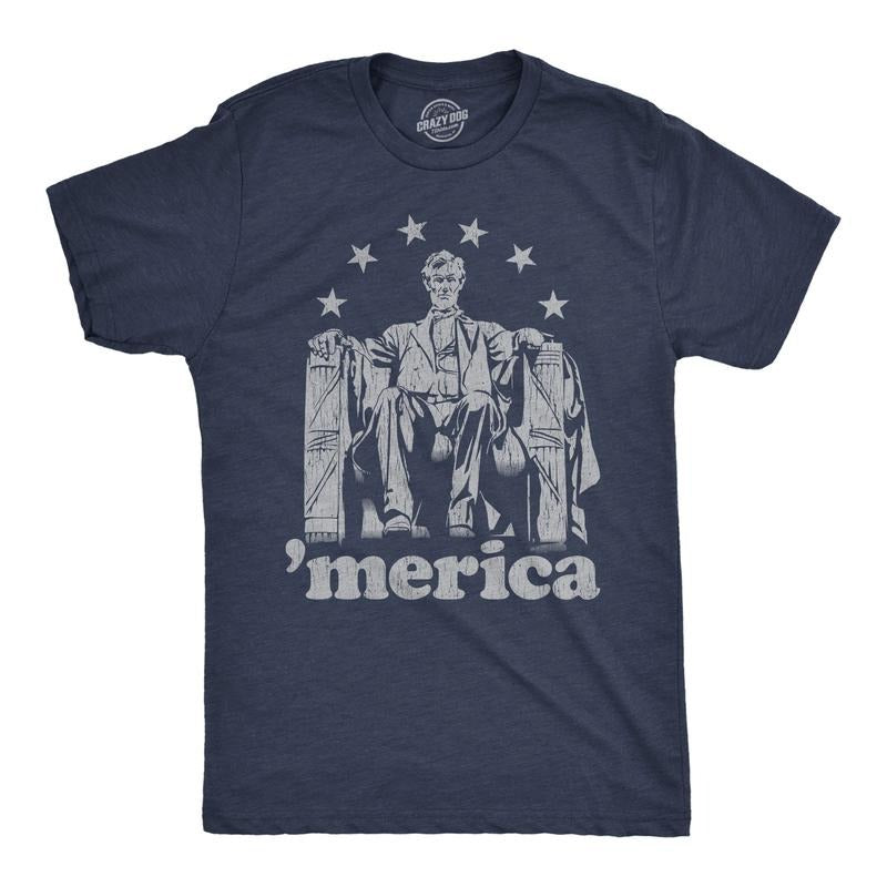 Mens Abe Lincoln 'Merica T Shirt Funny 4th of July USA Patriotic Graphic Novelty Tee Mens Funny T Shirts Cool Tees Soft Stylish Casual Menswear Patriotic Apparel for Men Funny Political Short Sleeve Navy