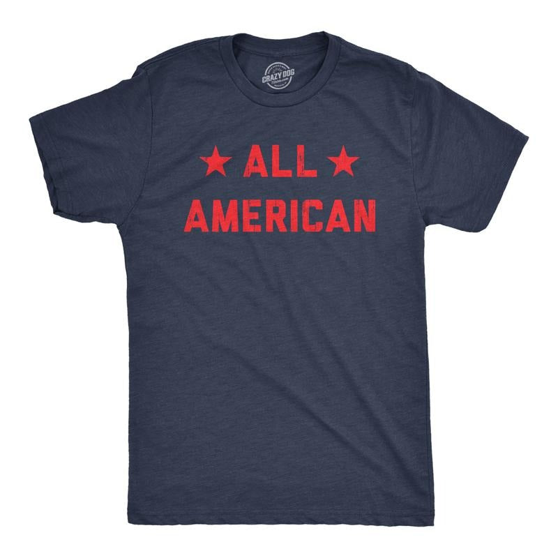 Mens All American T Shirt Funny Cool Patriotic Fourth Of July Party Text Graphic Tee For Guys Mens Funny T Shirts Cool Tees Soft Stylish Casual Menswear Patriotic Apparel for Men Novelty Tees for Guys Navy